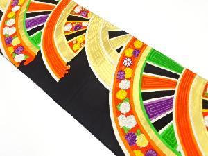 アンティーク　片輪車に菊・梅・椿模様織り出し袋帯（着用可）